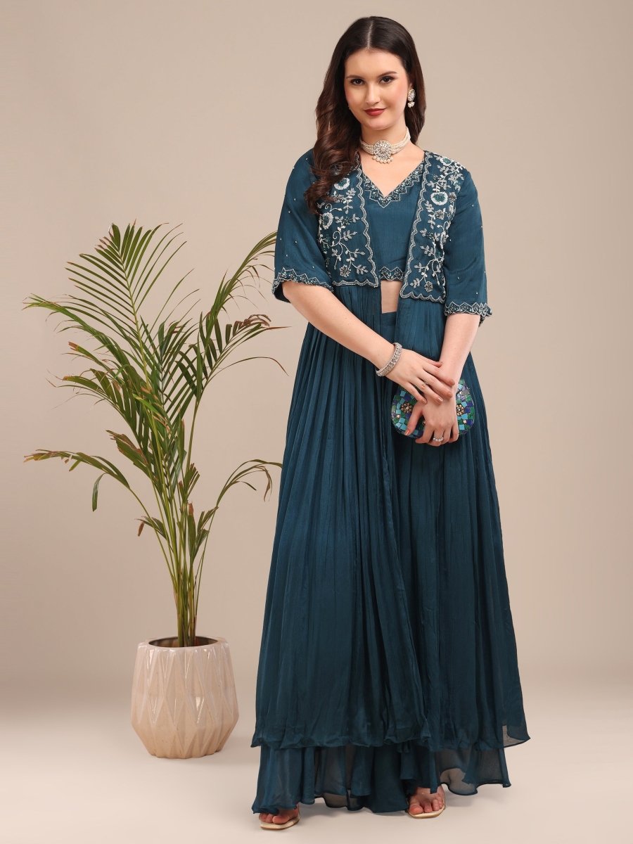 Embroidered Deep Teal Blue Viscose Chinon Shrug Palazzo Set - CLOHI