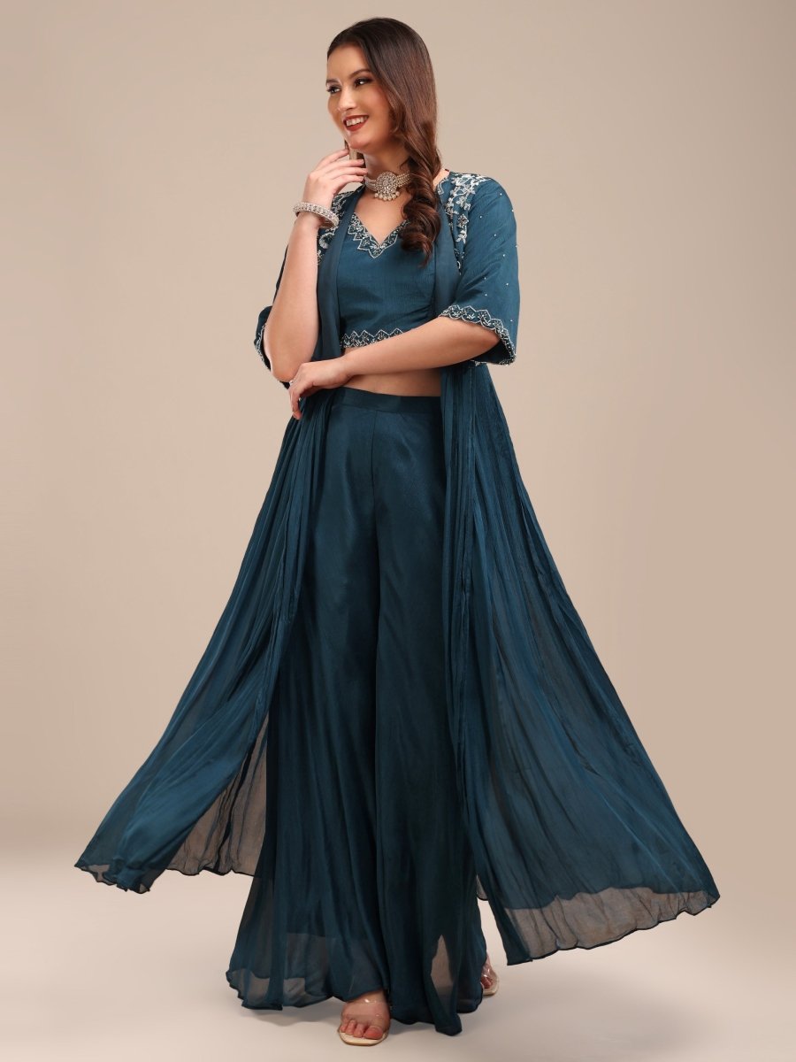Embroidered Deep Teal Blue Viscose Chinon Shrug Palazzo Set - CLOHI