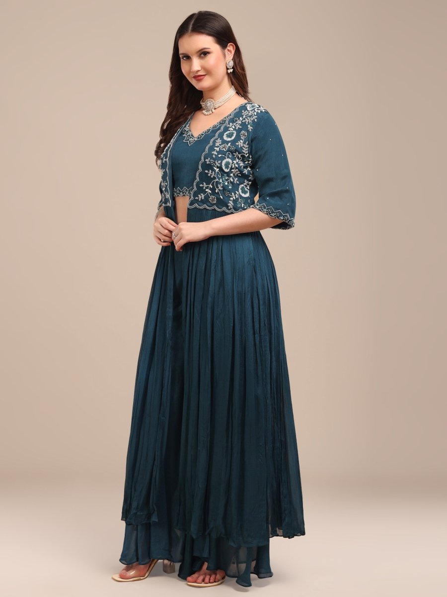 Embroidered Deep Teal Blue Viscose Chinon Shrug Palazzo Set - CLOHI