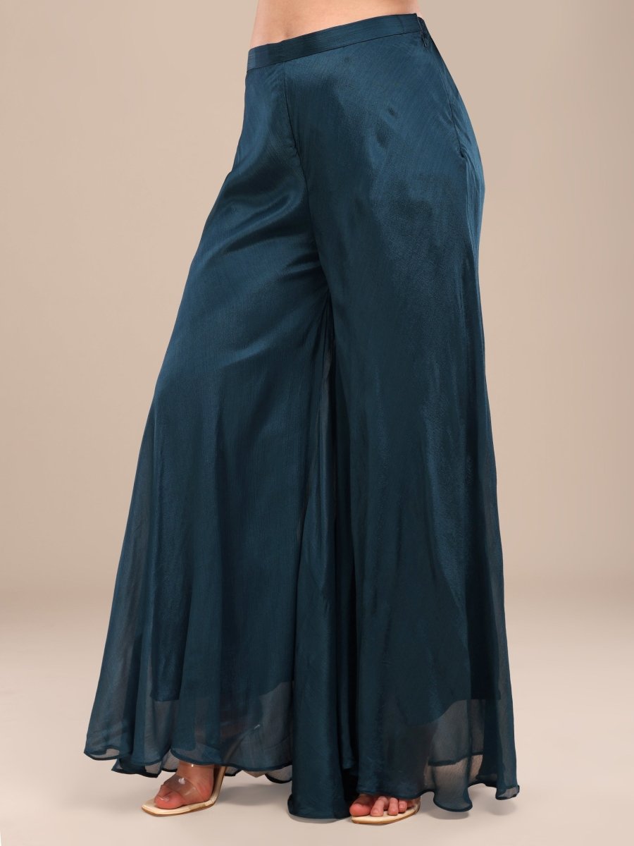 Embroidered Deep Teal Blue Viscose Chinon Shrug Palazzo Set - CLOHI
