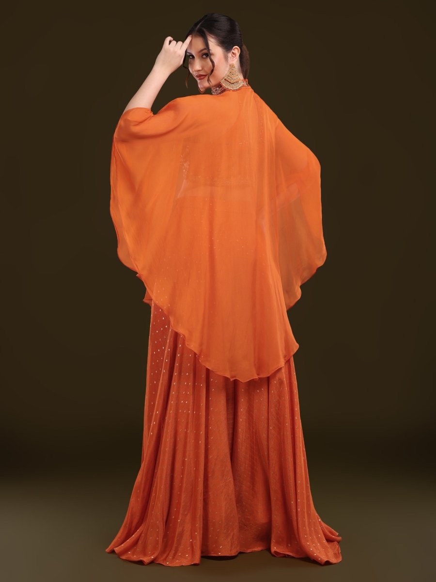 Embroidered Halter Neck Palazzo Set with Cape in Burnt Orange – Viscose Chinon - CLOHI
