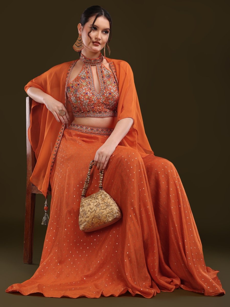 Embroidered Halter Neck Palazzo Set with Cape in Burnt Orange – Viscose Chinon - CLOHI