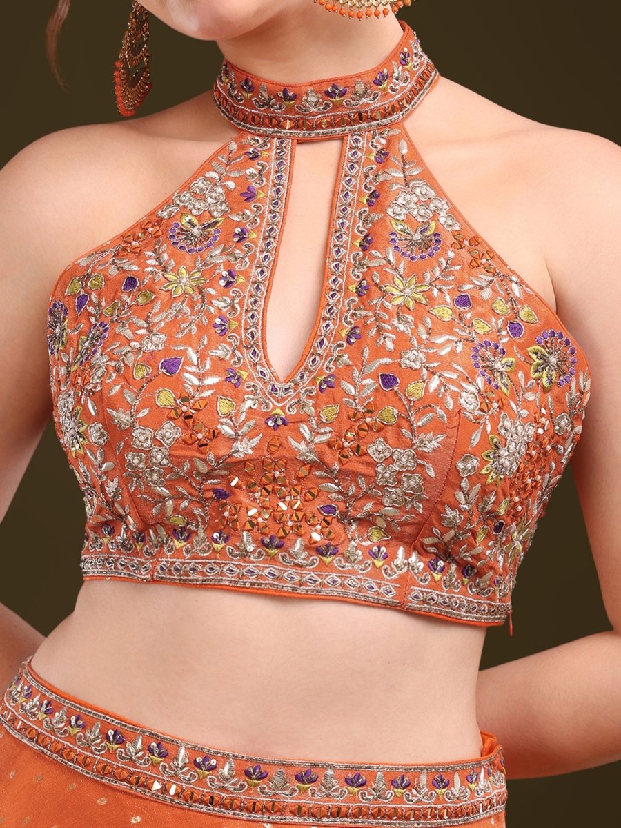 Embroidered Halter Neck Palazzo Set with Cape in Burnt Orange – Viscose Chinon - CLOHI