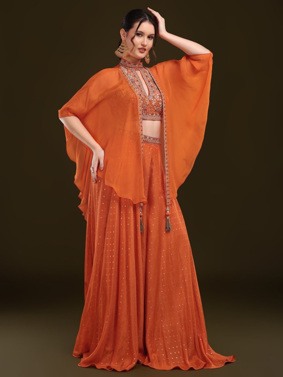 Embroidered Halter Neck Palazzo Set with Cape in Burnt Orange – Viscose Chinon - CLOHI