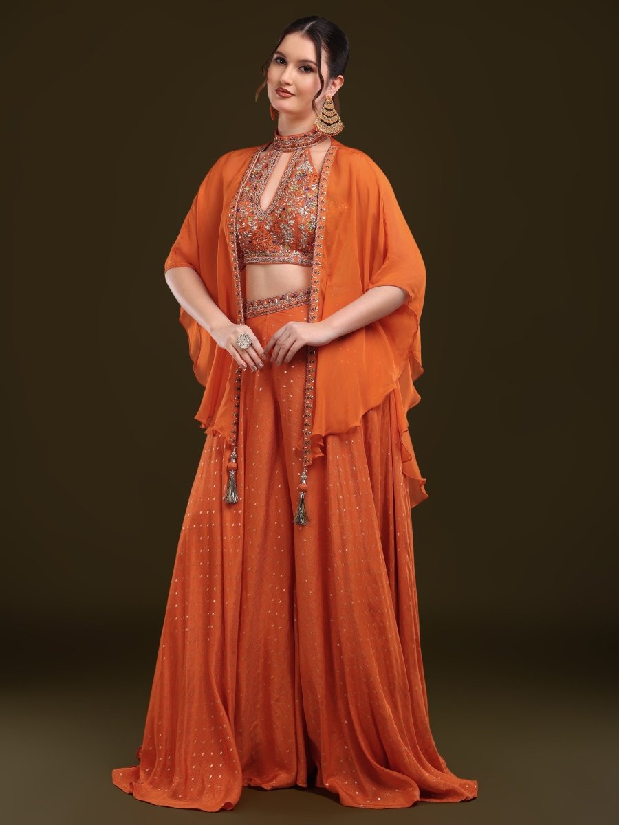 Embroidered Halter Neck Palazzo Set with Cape in Burnt Orange – Viscose Chinon - CLOHI
