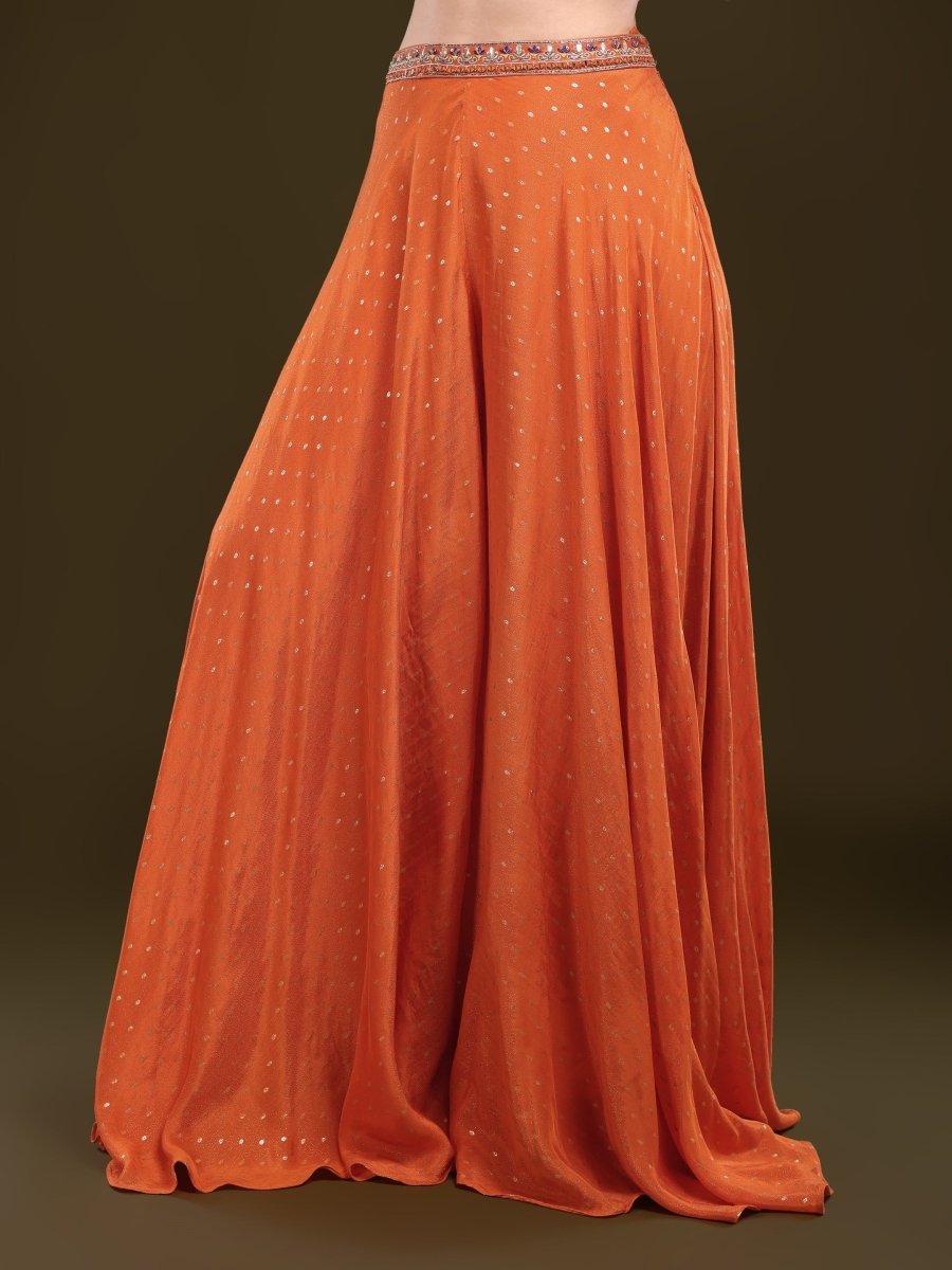 Embroidered Halter Neck Palazzo Set with Cape in Burnt Orange – Viscose Chinon - CLOHI