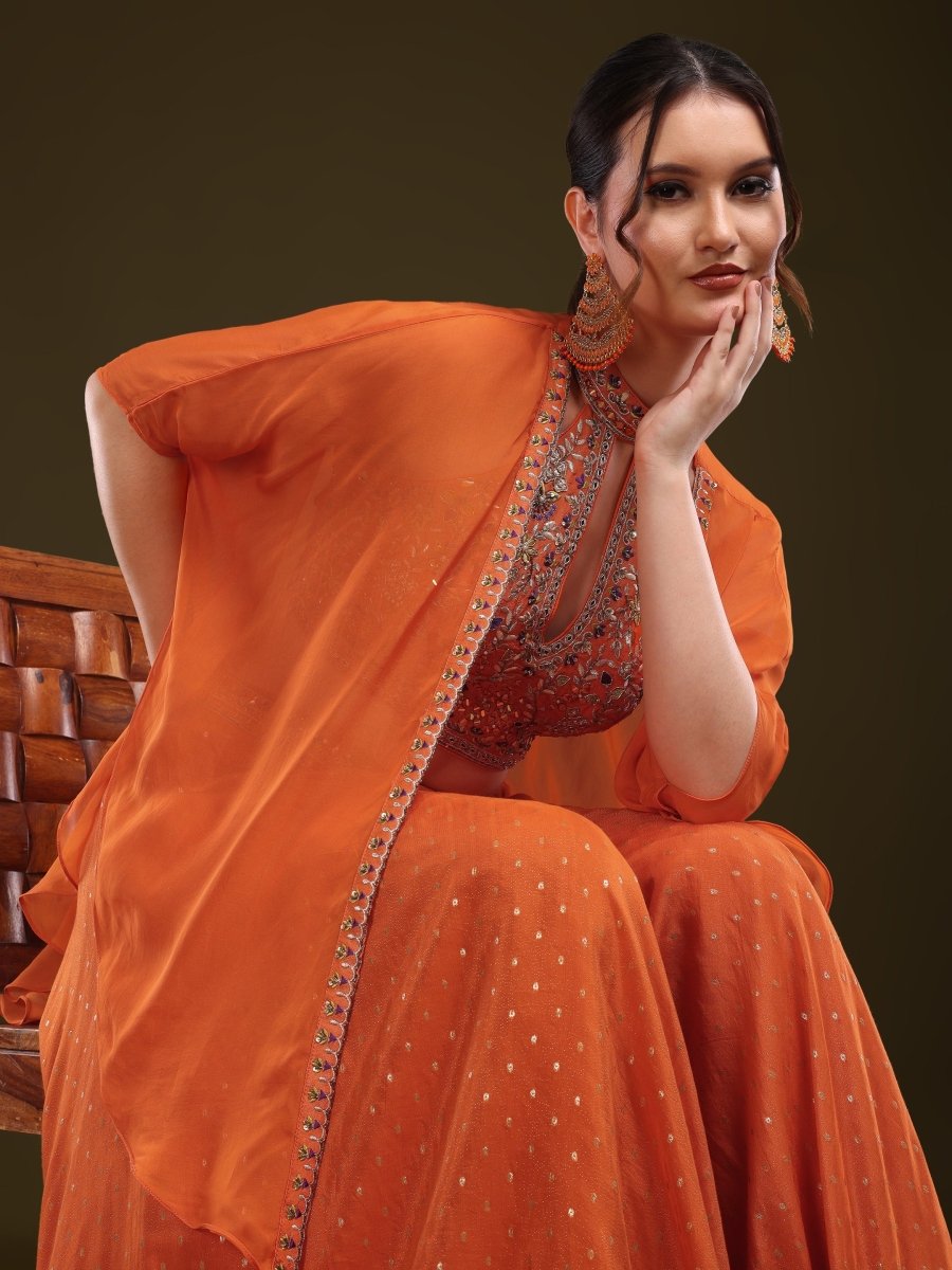 Embroidered Halter Neck Palazzo Set with Cape in Burnt Orange – Viscose Chinon - CLOHI