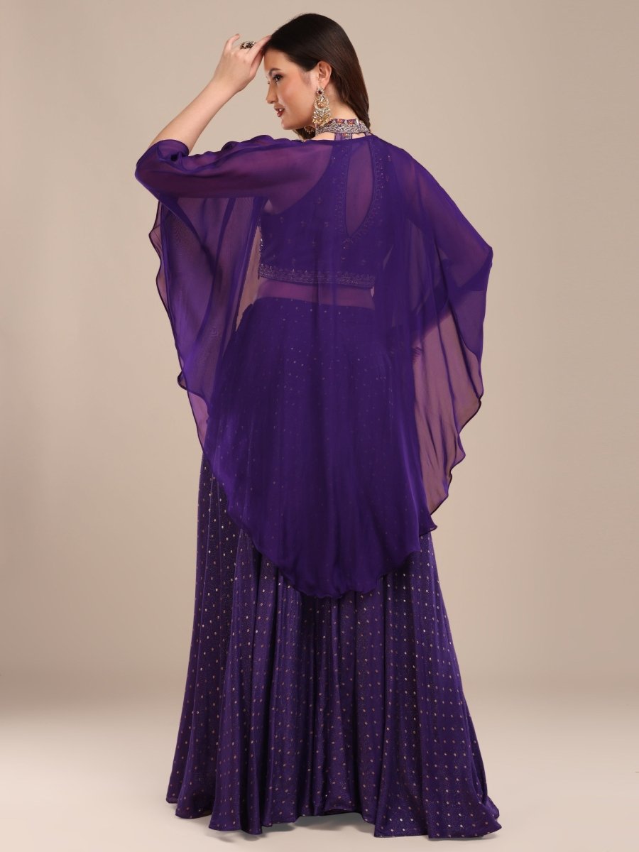 Embroidered Purple Viscose Chinon Palazzo Set with Cape Dupatta - CLOHI