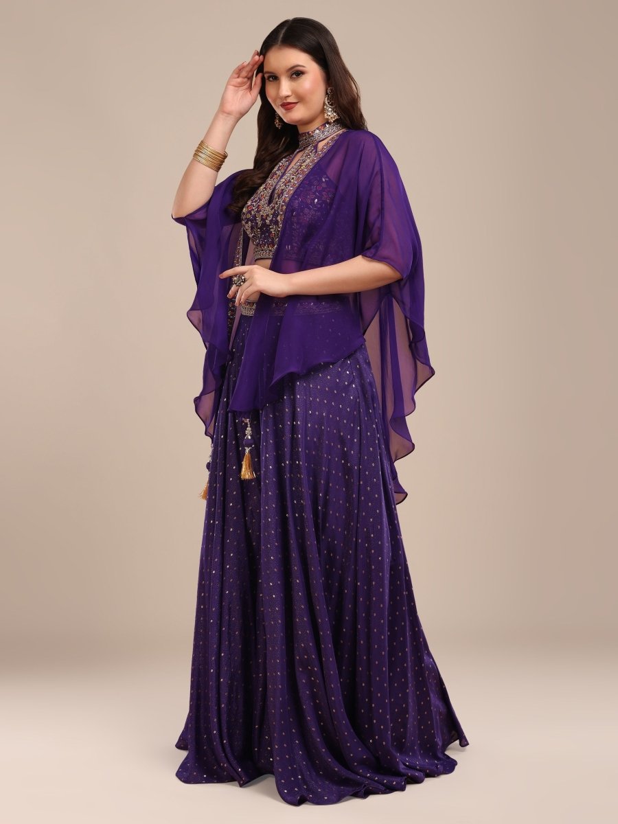 Embroidered Purple Viscose Chinon Palazzo Set with Cape Dupatta - CLOHI
