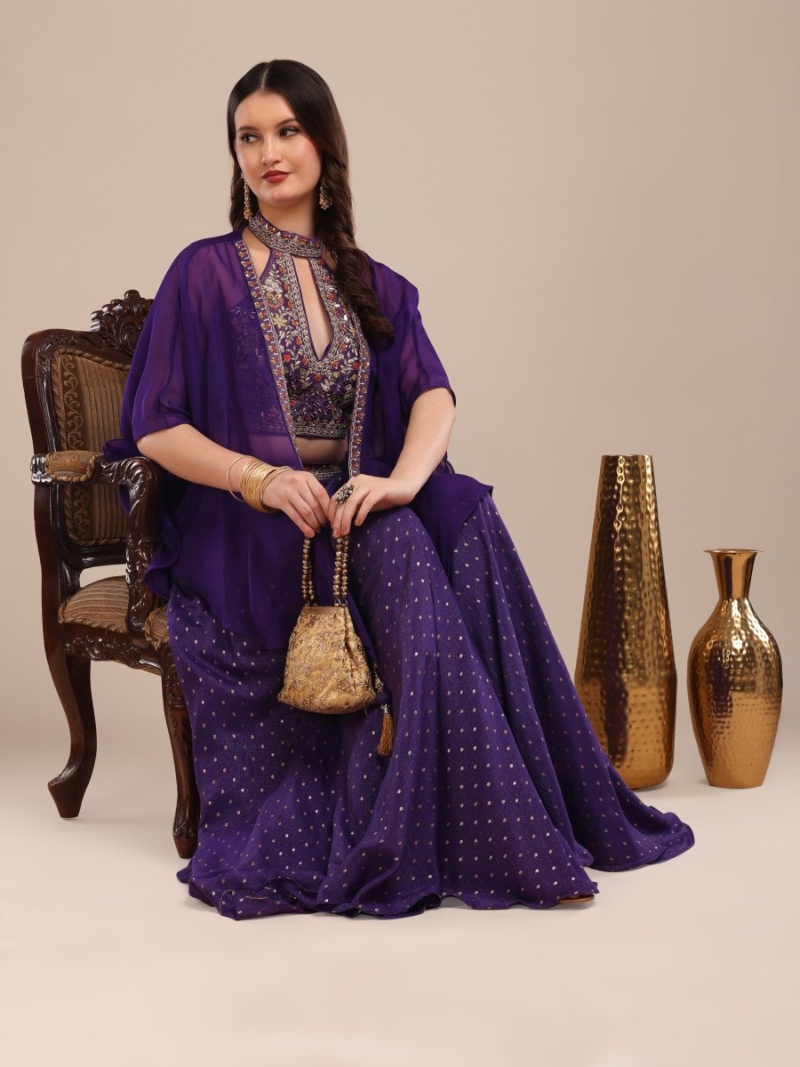 Embroidered Purple Viscose Chinon Palazzo Set with Cape Dupatta - CLOHI