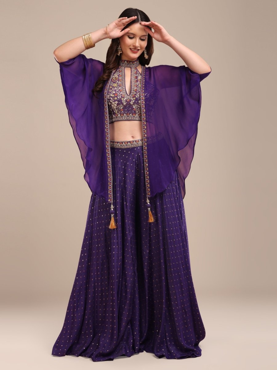 Embroidered Purple Viscose Chinon Palazzo Set with Cape Dupatta - CLOHI