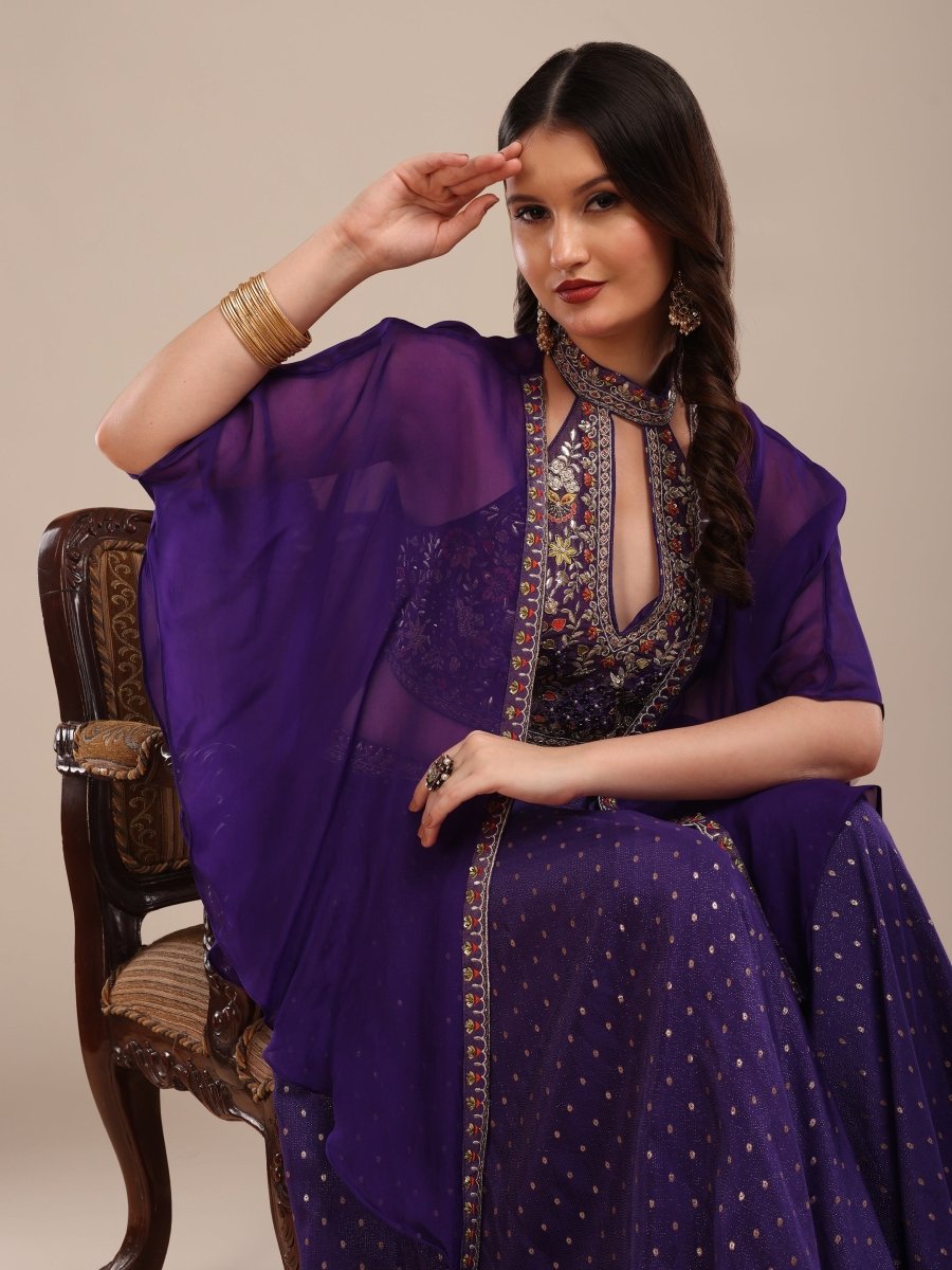 Embroidered Purple Viscose Chinon Palazzo Set with Cape Dupatta - CLOHI