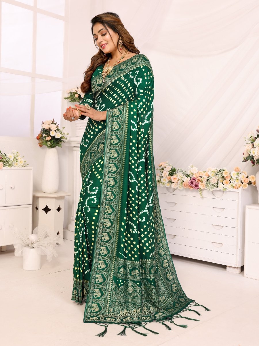 Emerald Green Bandhani Saree with Zari Elephant Motifs - CLOHI