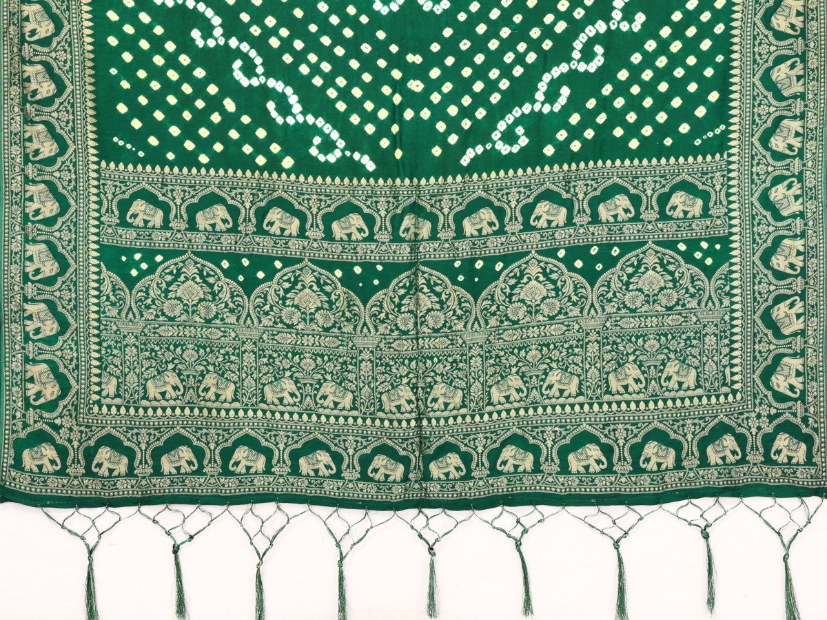 Emerald Green Bandhani Saree with Zari Elephant Motifs - CLOHI