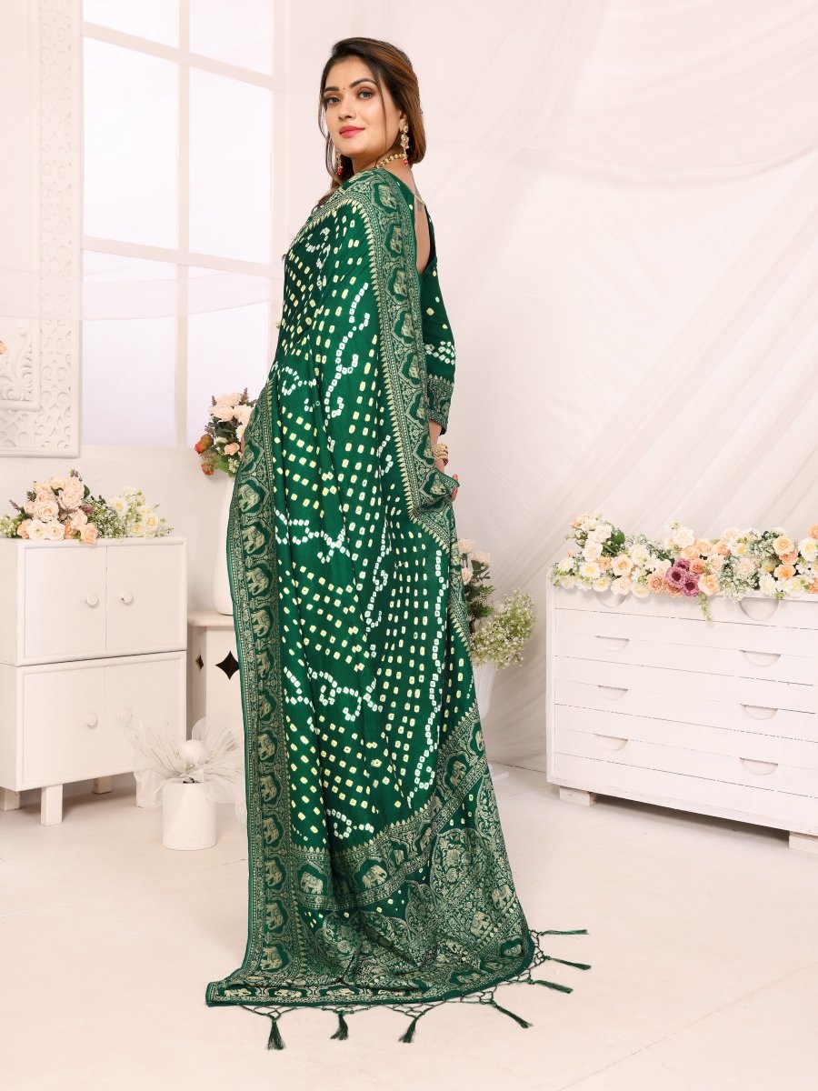 Emerald Green Bandhani Saree with Zari Elephant Motifs - CLOHI