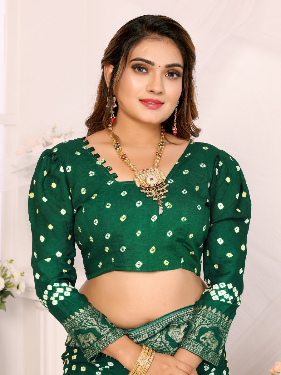 Emerald Green Bandhani Saree with Zari Elephant Motifs - CLOHI