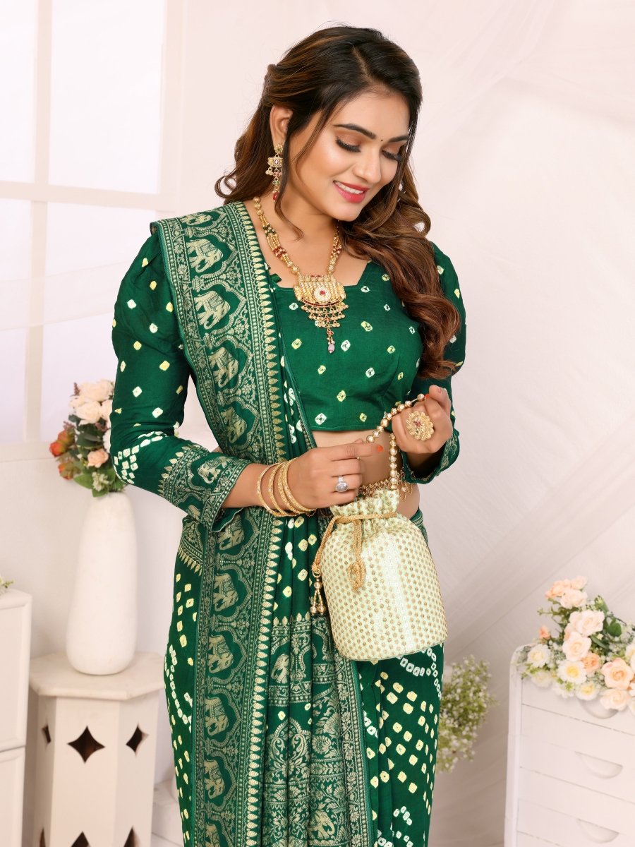 Emerald Green Bandhani Saree with Zari Elephant Motifs - CLOHI