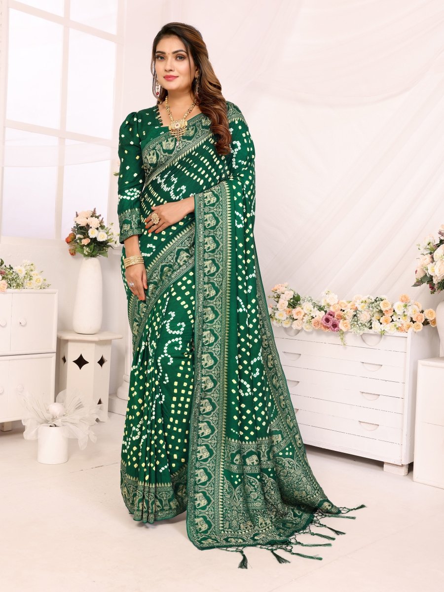 Emerald Green Bandhani Saree with Zari Elephant Motifs - CLOHI