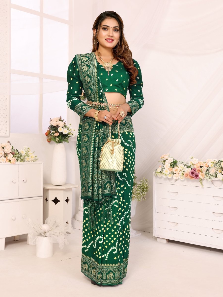 Emerald Green Bandhani Saree with Zari Elephant Motifs - CLOHI
