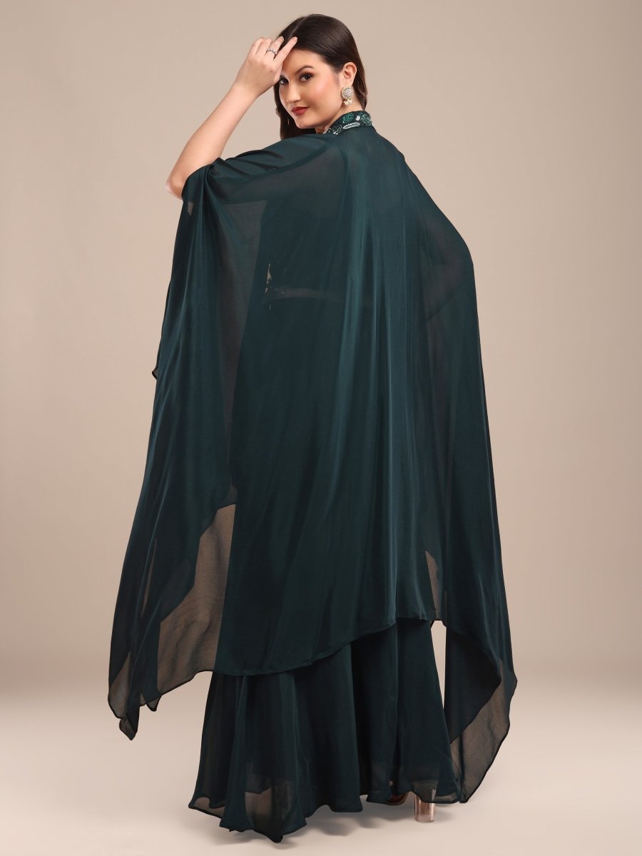 Emerald Green Viscose Chinon Embellished Cape Co - Ord Set - CLOHI