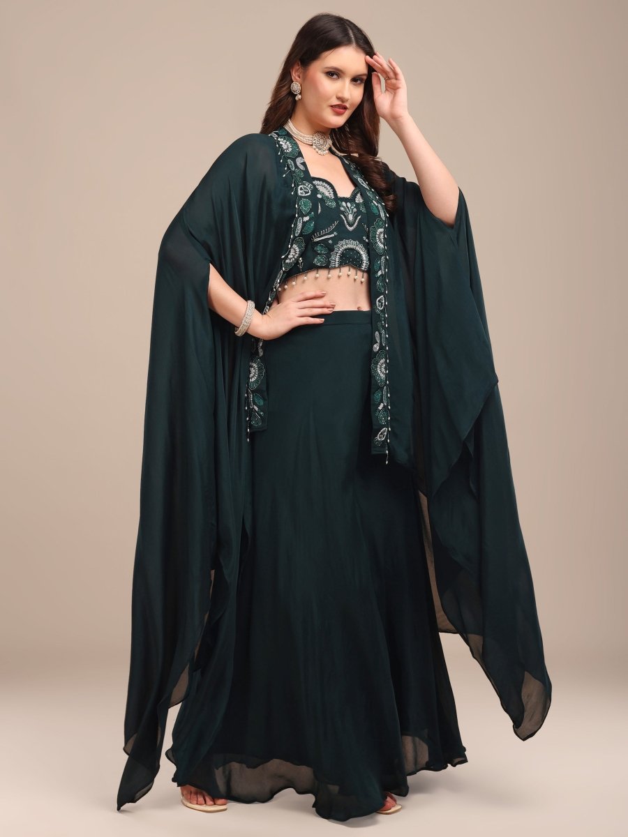 Emerald Green Viscose Chinon Embellished Cape Co - Ord Set - CLOHI