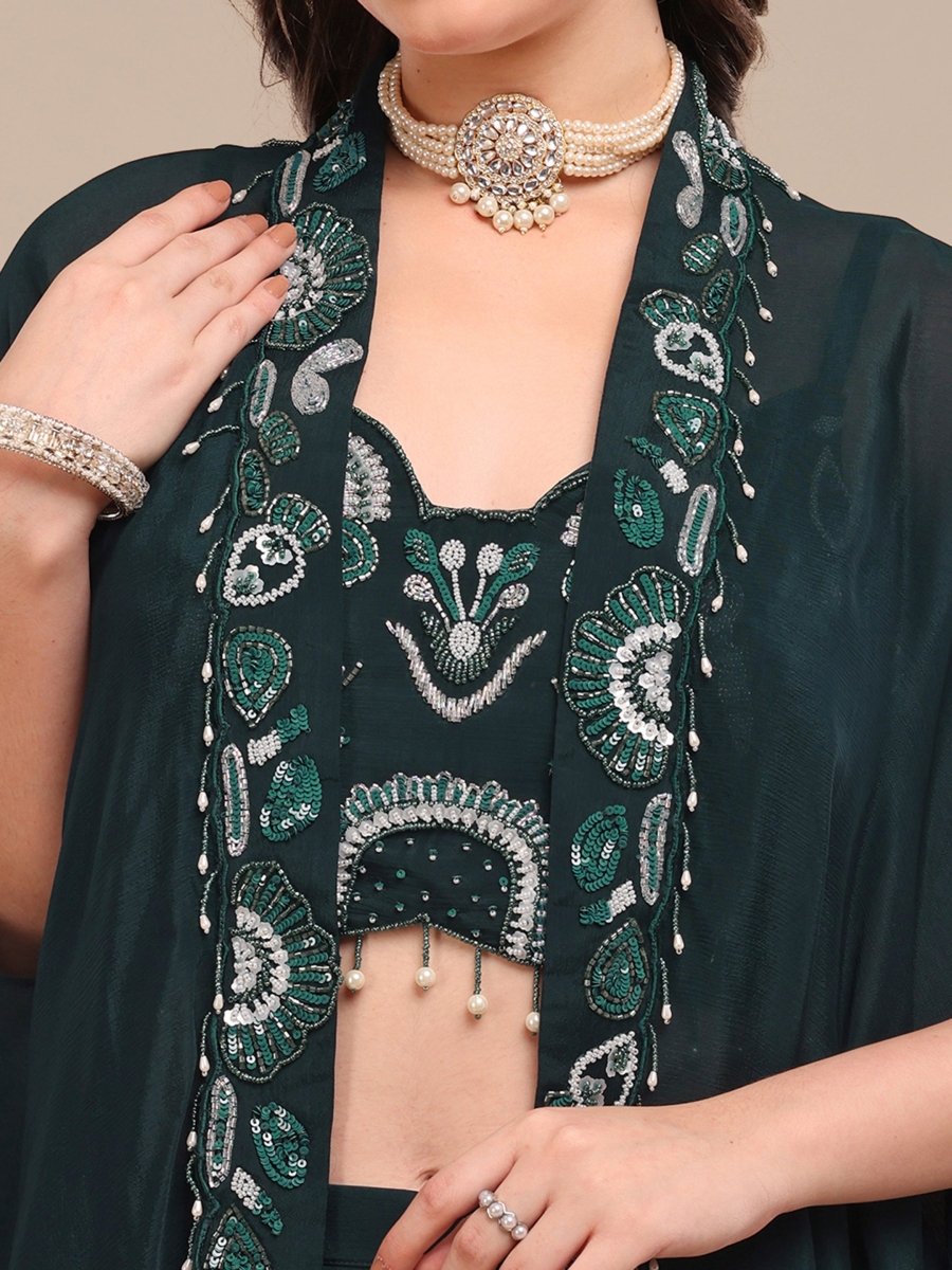 Emerald Green Viscose Chinon Embellished Cape Co - Ord Set - CLOHI