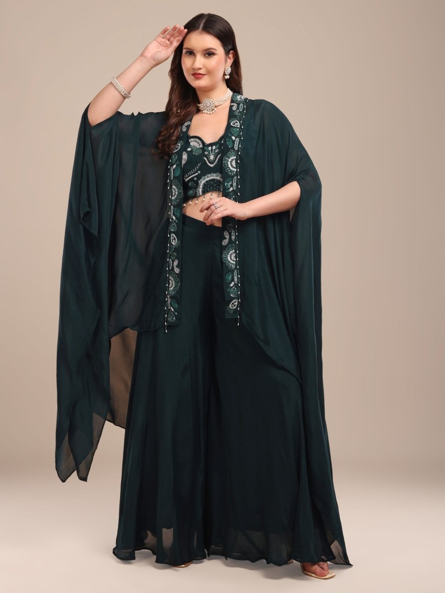 Emerald Green Viscose Chinon Embellished Cape Co - Ord Set - CLOHI