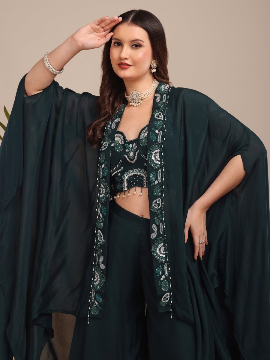 Emerald Green Viscose Chinon Embellished Cape Co - Ord Set - CLOHI