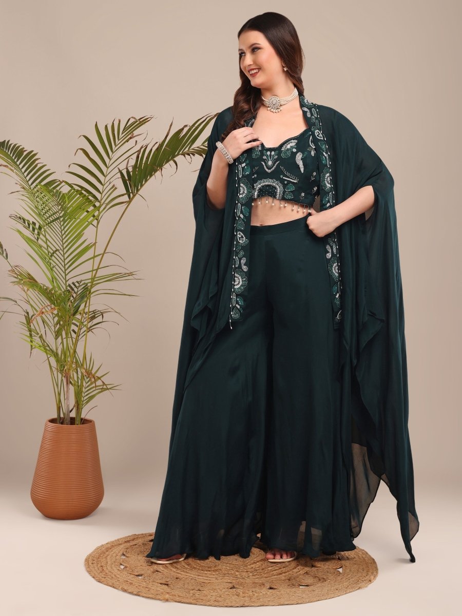 Emerald Green Viscose Chinon Embellished Cape Co - Ord Set - CLOHI