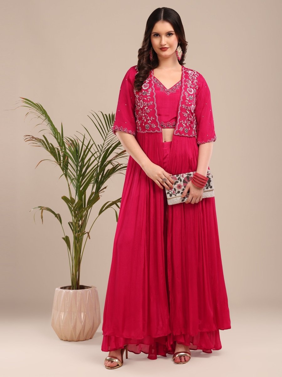 Fuchsia Embroidered Viscose Chinon Palazzo Set with Shrug - CLOHI