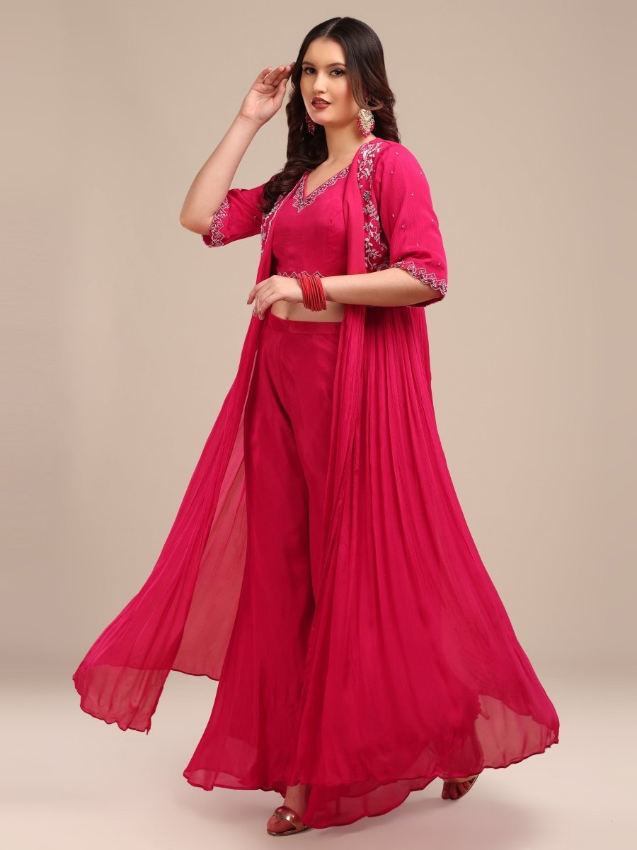 Fuchsia Embroidered Viscose Chinon Palazzo Set with Shrug - CLOHI