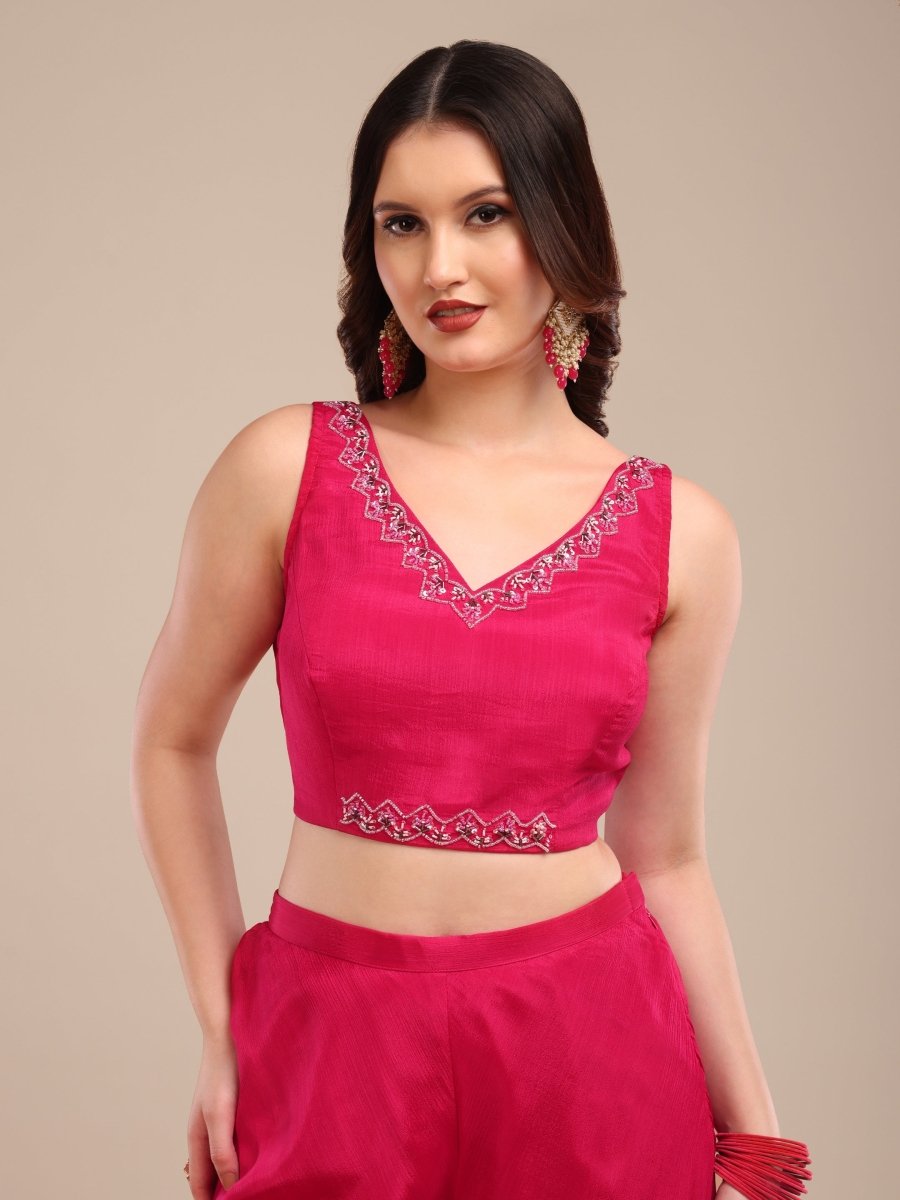 Fuchsia Embroidered Viscose Chinon Palazzo Set with Shrug - CLOHI
