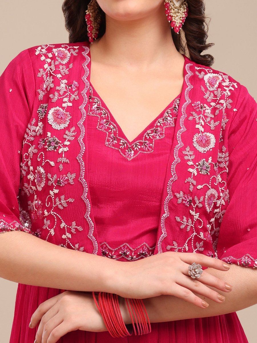 Fuchsia Embroidered Viscose Chinon Palazzo Set with Shrug - CLOHI