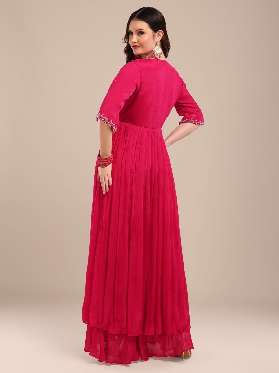 Fuchsia Embroidered Viscose Chinon Palazzo Set with Shrug - CLOHI