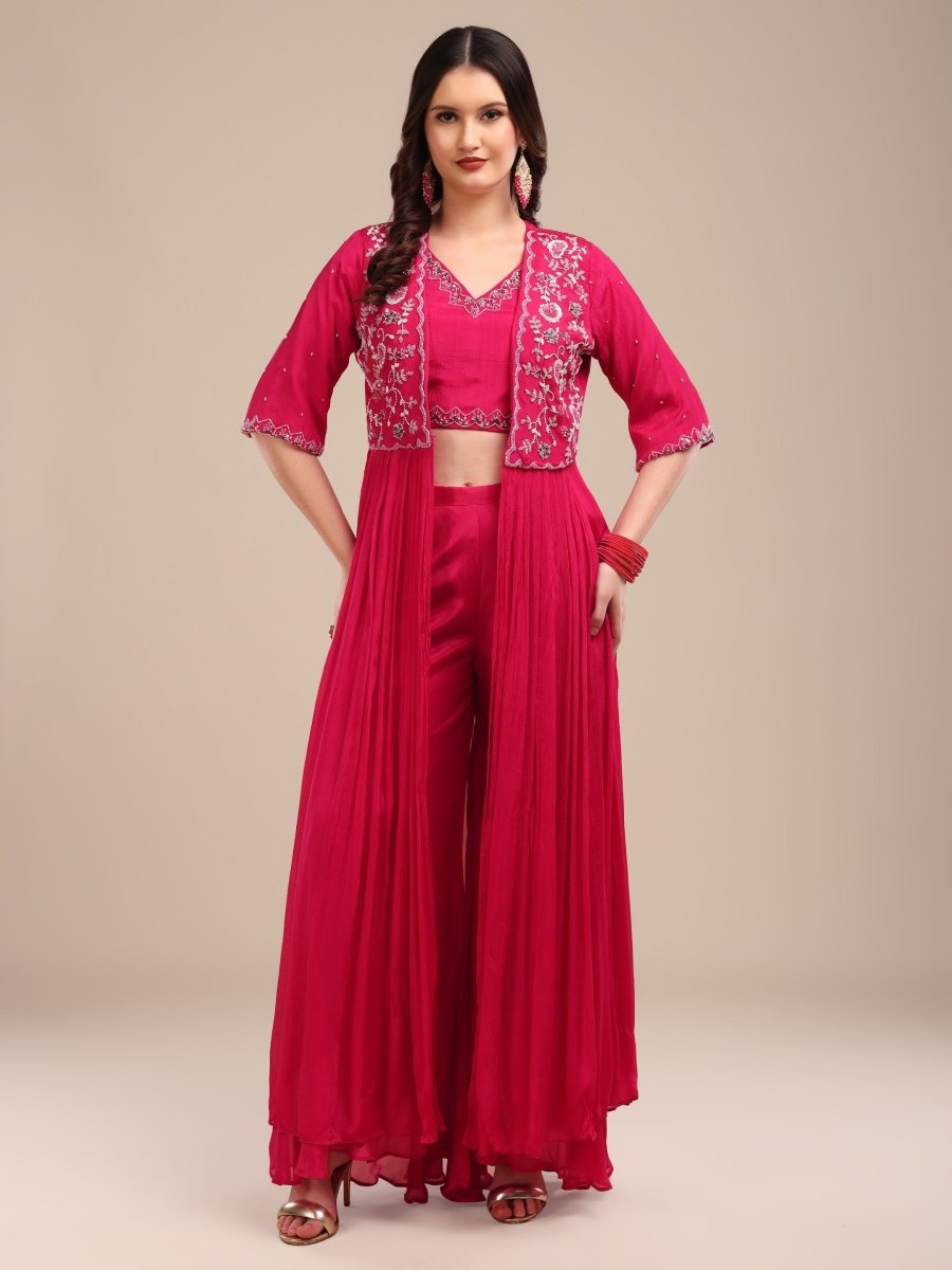 Fuchsia Embroidered Viscose Chinon Palazzo Set with Shrug - CLOHI