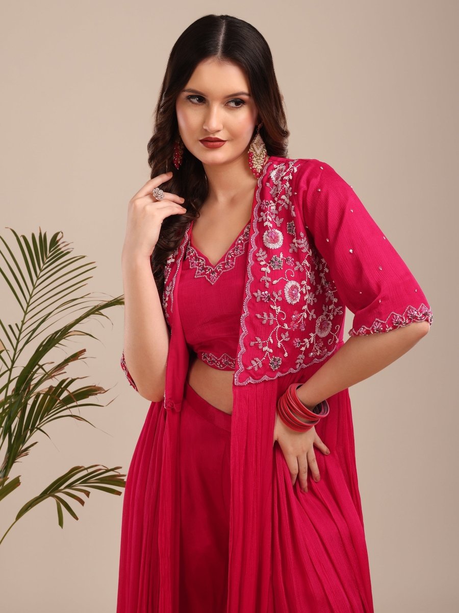 Fuchsia Embroidered Viscose Chinon Palazzo Set with Shrug - CLOHI