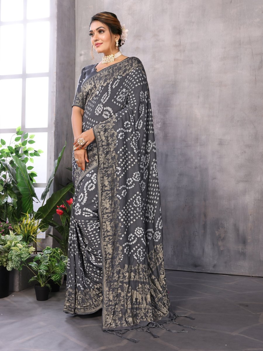 Gray Jacquard Zari Hand Bandhani Saree with Elephant & Floral Motifs - CLOHI