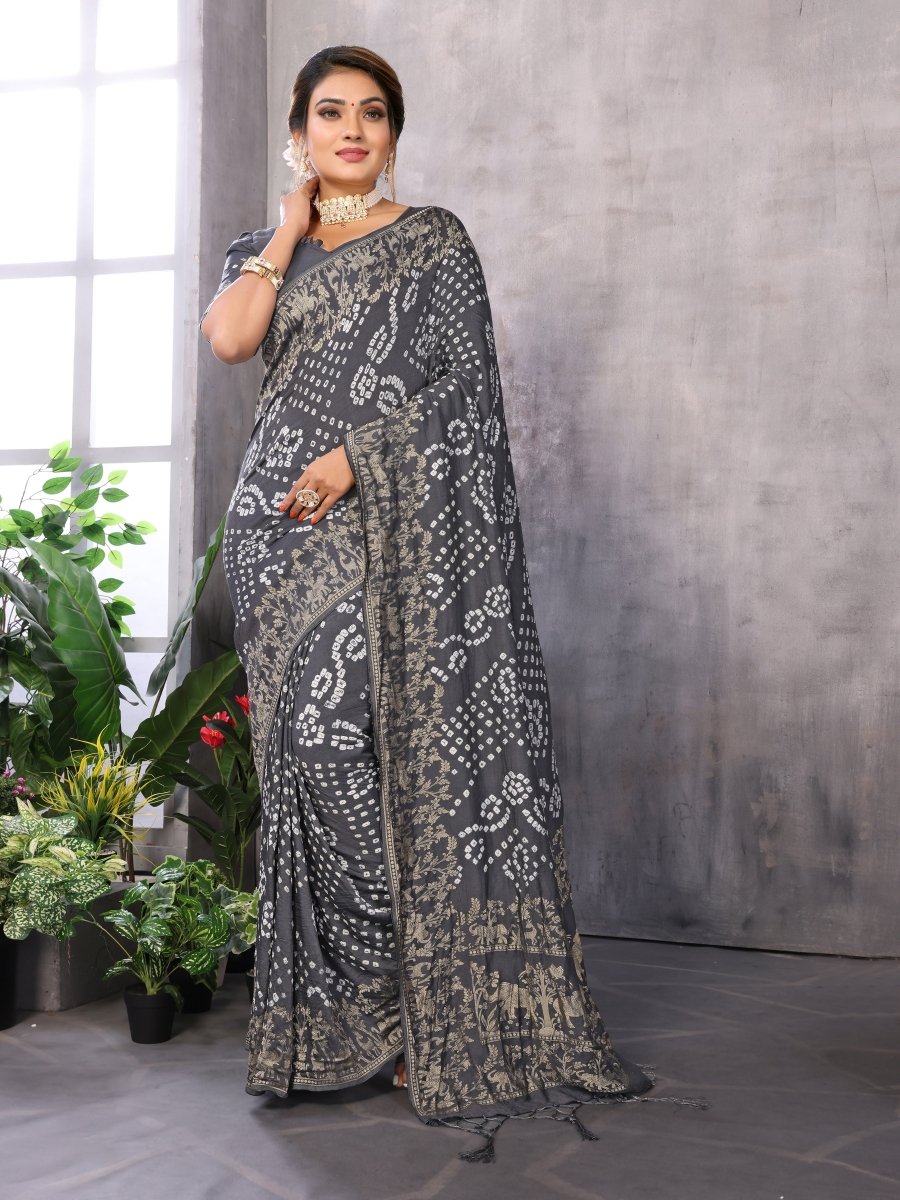 Gray Jacquard Zari Hand Bandhani Saree with Elephant & Floral Motifs - CLOHI