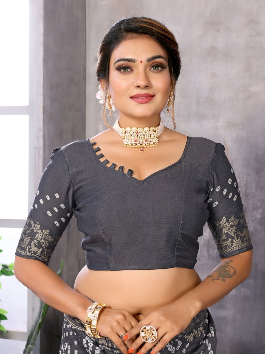 Gray Jacquard Zari Hand Bandhani Saree with Elephant & Floral Motifs - CLOHI