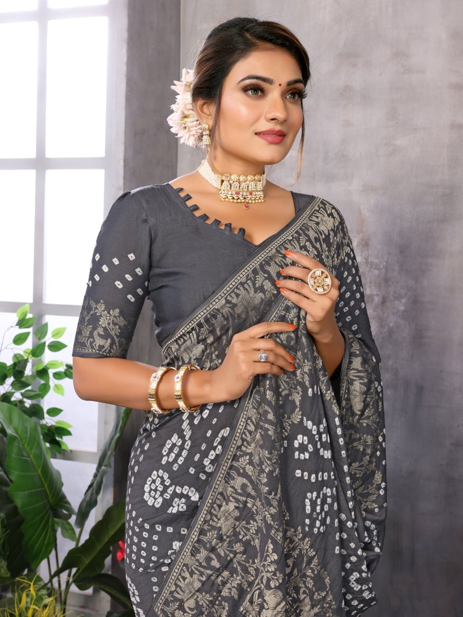 Gray Jacquard Zari Hand Bandhani Saree with Elephant & Floral Motifs - CLOHI