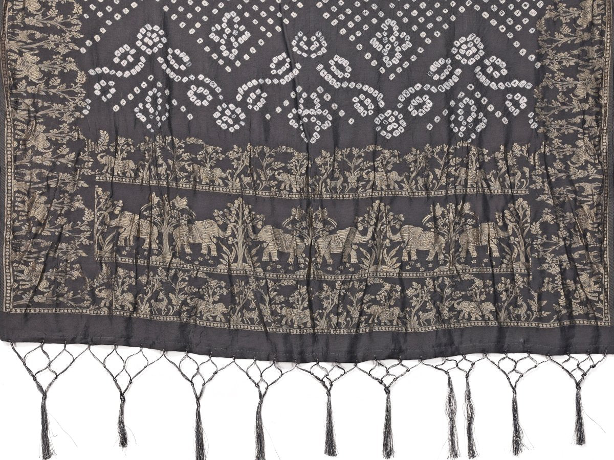 Gray Jacquard Zari Hand Bandhani Saree with Elephant & Floral Motifs - CLOHI