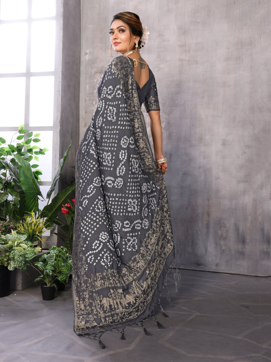 Gray Jacquard Zari Hand Bandhani Saree with Elephant & Floral Motifs - CLOHI