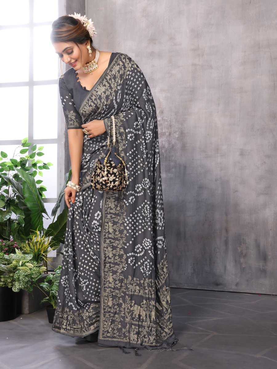 Gray Jacquard Zari Hand Bandhani Saree with Elephant & Floral Motifs - CLOHI