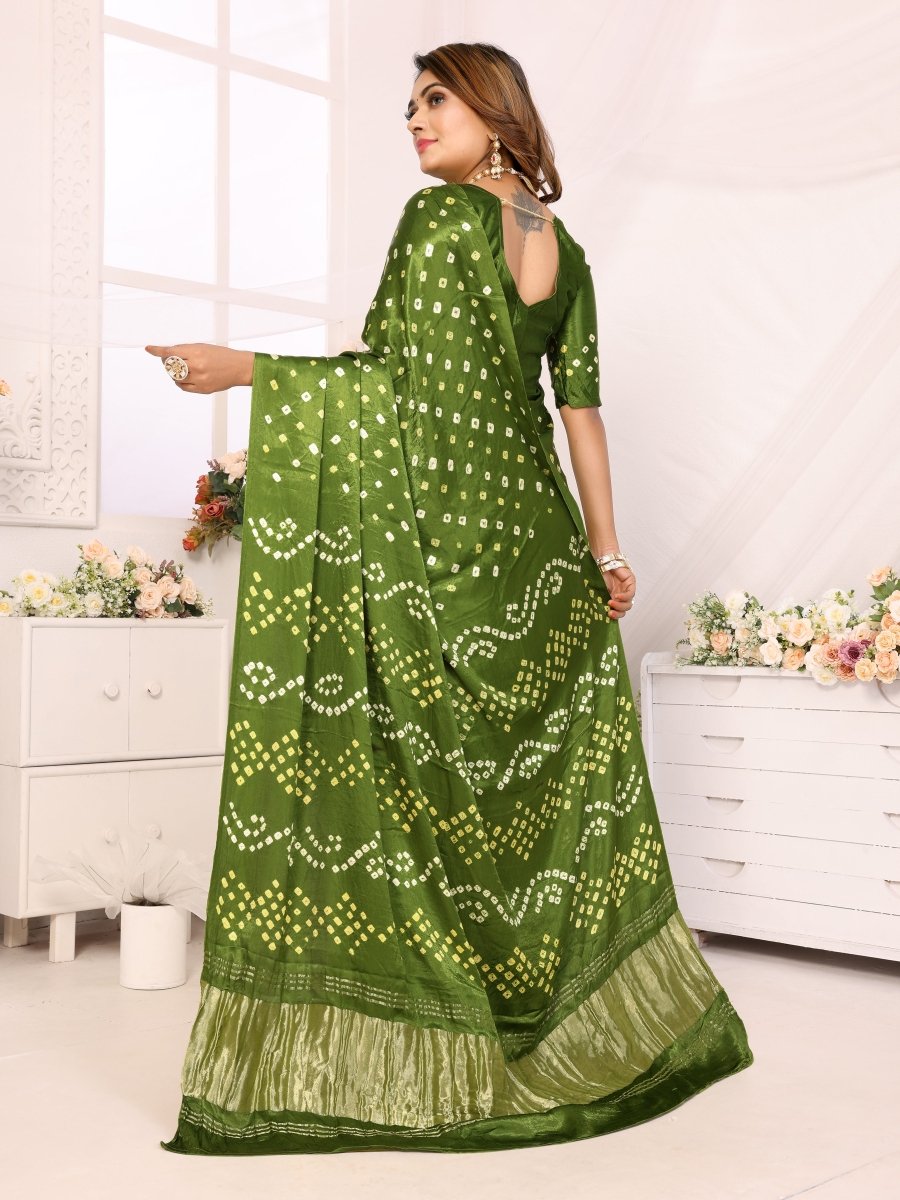 Green Jacquard Zari Bandhani Saree with Lagdi Patta - CLOHI