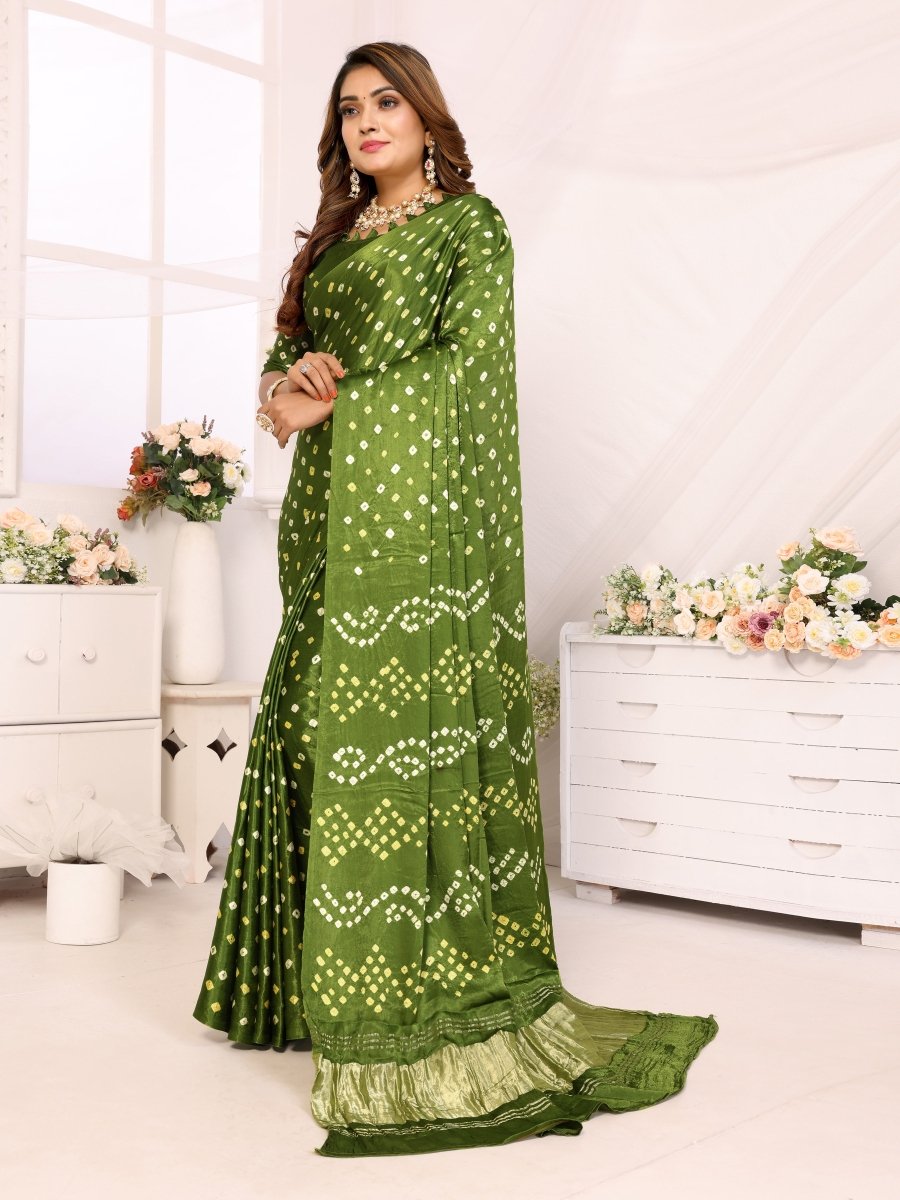 Green Jacquard Zari Bandhani Saree with Lagdi Patta - CLOHI