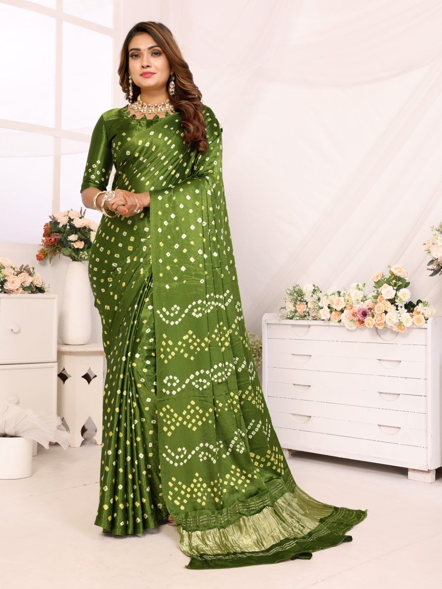 Green Jacquard Zari Bandhani Saree with Lagdi Patta - CLOHI