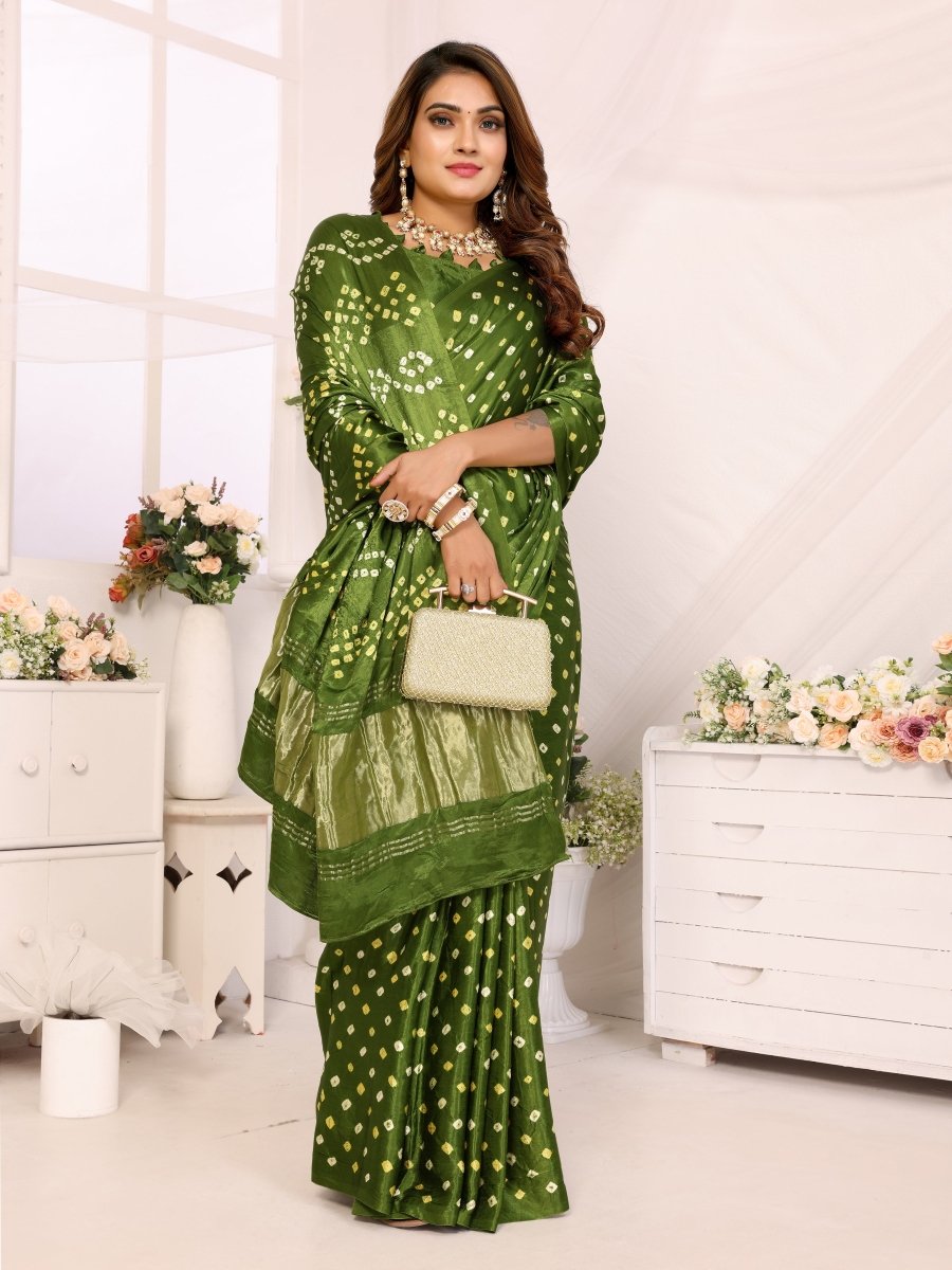 Green Jacquard Zari Bandhani Saree with Lagdi Patta - CLOHI