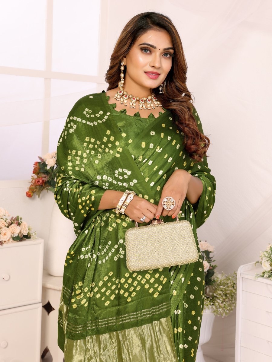 Green Jacquard Zari Bandhani Saree with Lagdi Patta - CLOHI