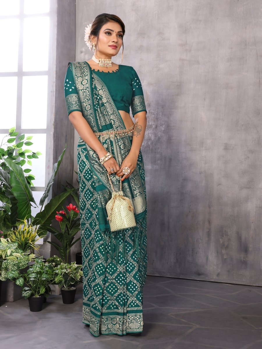 Green Jacquard Zari Hand Bandhani Saree with Peacock & Dandiya Motifs - CLOHI
