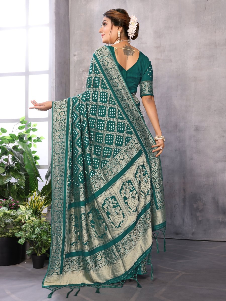Green Jacquard Zari Hand Bandhani Saree with Peacock & Dandiya Motifs - CLOHI